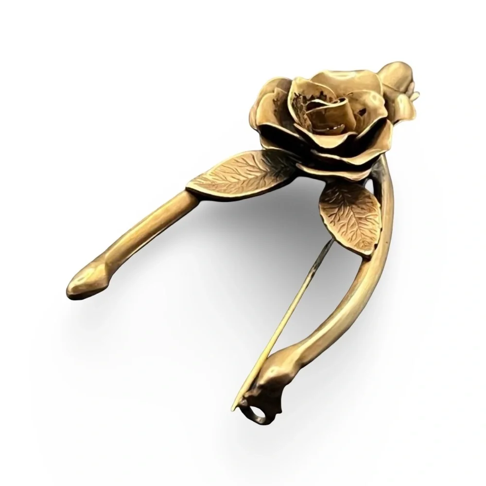 Vintage 1940s Gold Gilded Brass Wishbone Rose Brooch Pin